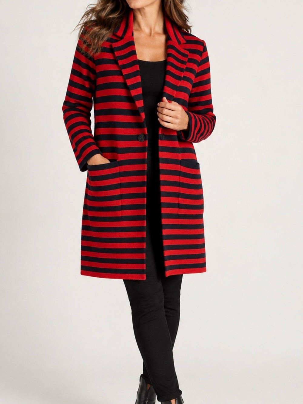 Ann Taylor Red & Black Striped Long Knit Coatigan